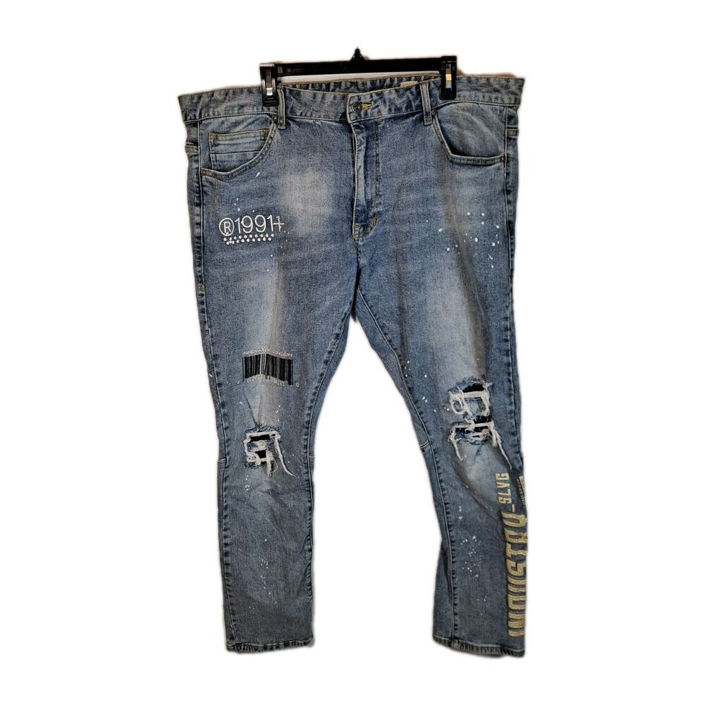Smoke Rise Denim Men's Jeans Size 42x32 Slim Fit Distressed Graphic Print Retro